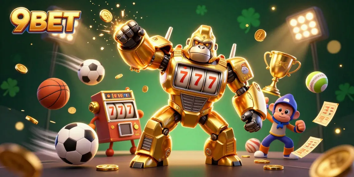 9BET showcases a dynamic 3D illustration with a golden mech gorilla and sports elements, capturing the excitement of online gambling.