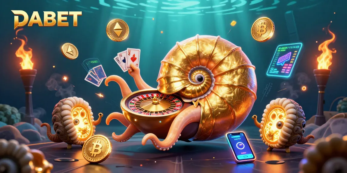 DABET showcases a vibrant 3D casino scene with an ancient nautilus roulette wheel amidst glowing crypto coins.