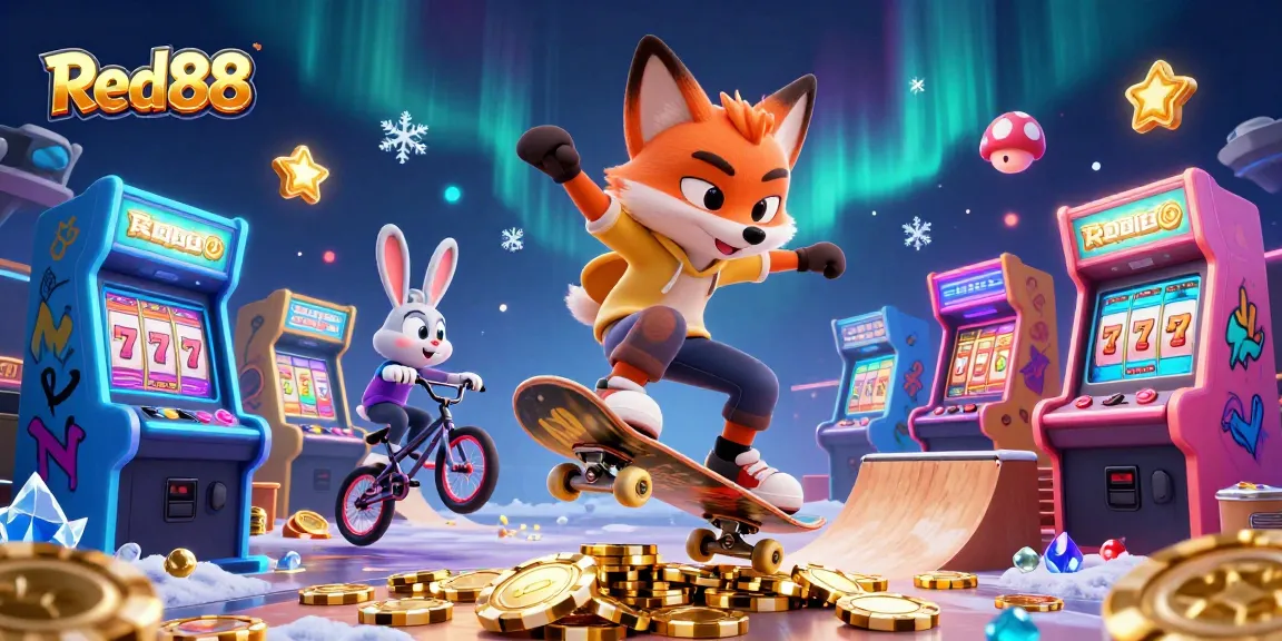 Red88 offers an exciting 3D gaming scene with vibrant characters and casino elements.