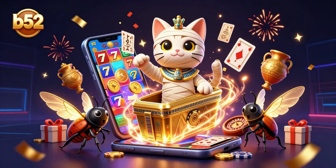 b52 showcased with a lively Egyptian mummy cat and glowing scarab beetle in a vibrant casino setting.