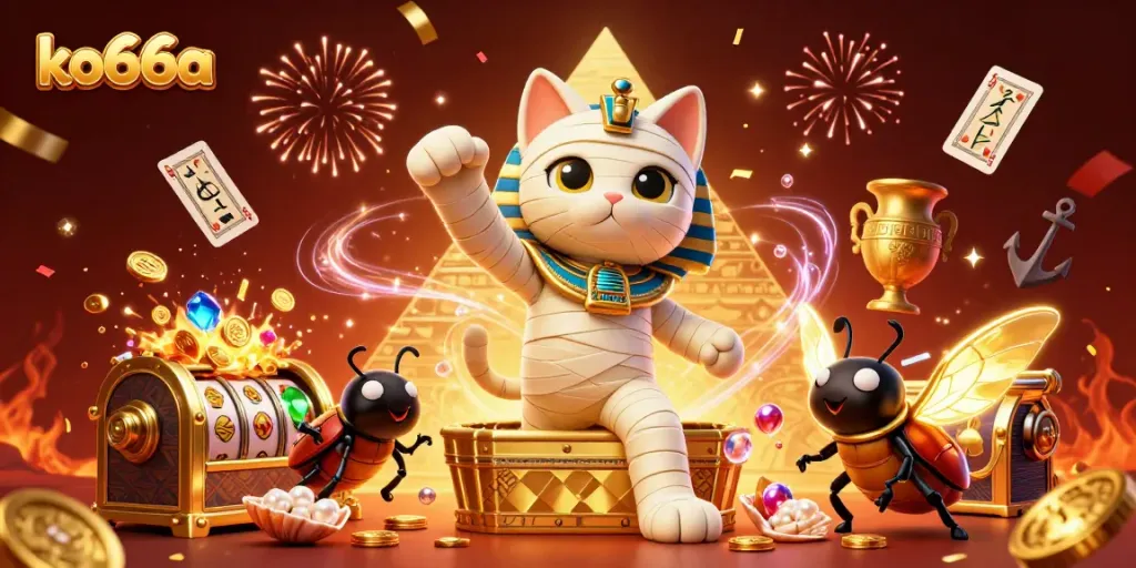 Experience the thrill of playing at ko66a, where the Egyptian mummy cat and glowing scarab beetle capture the magic of winning.