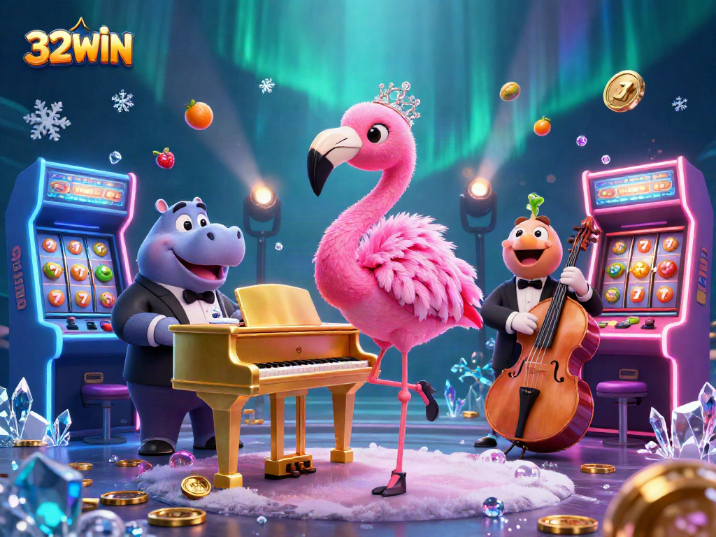 Experience vibrant gaming with 32WIN's engaging casino scene featuring lively characters and colorful slot elements.