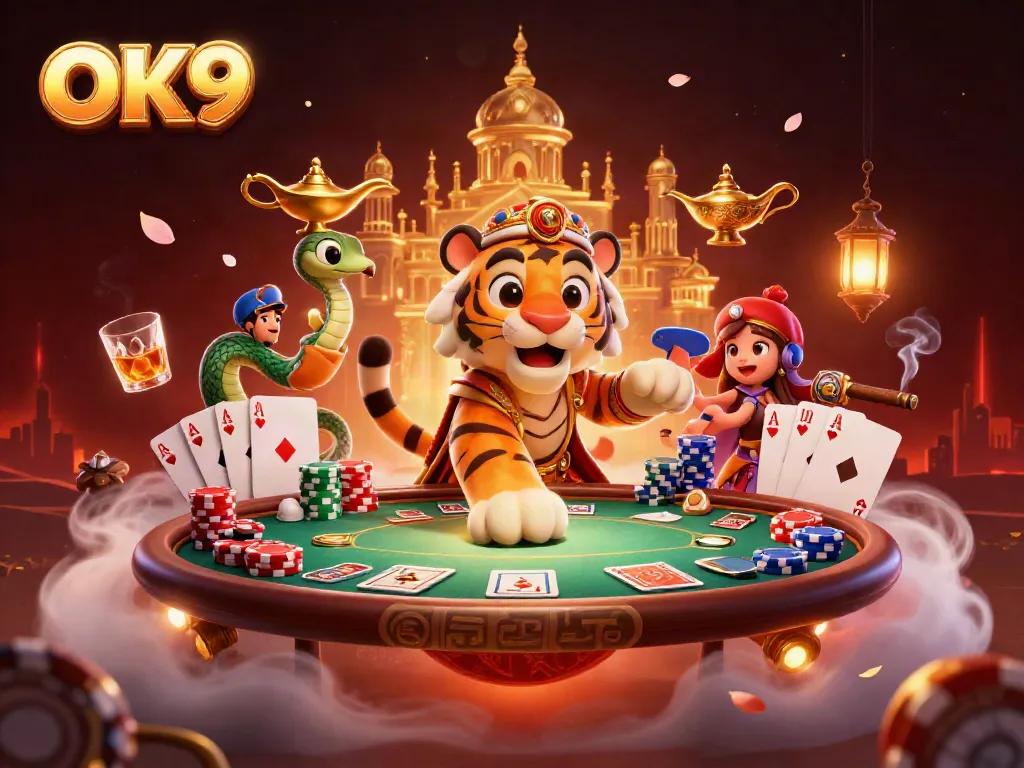Experience the thrill of poker with OK9's vibrant 3D casino illustration, showcasing an Arabian Nights-themed sultan.