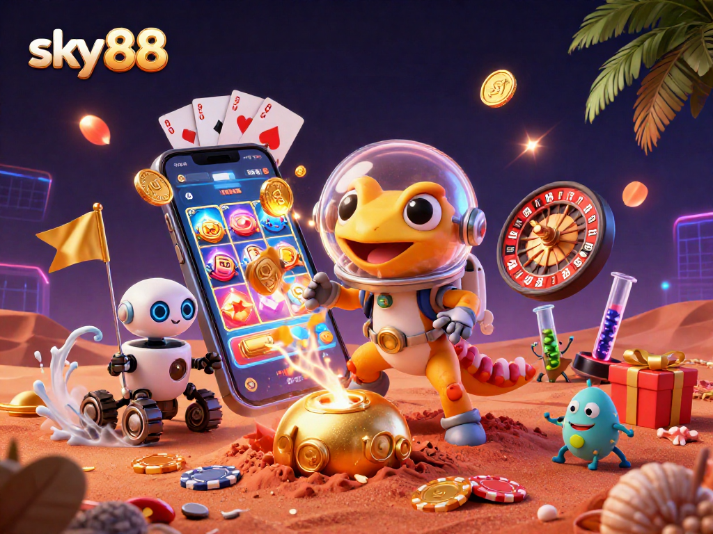 Engage with sky88's vibrant 3D casino scene featuring a Martian gecko, showcasing unique gaming elements.
