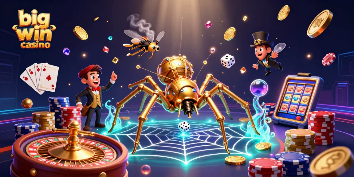 Experience big win casino thrills with a steampunk spider, poker chips, and jackpot-rich action!