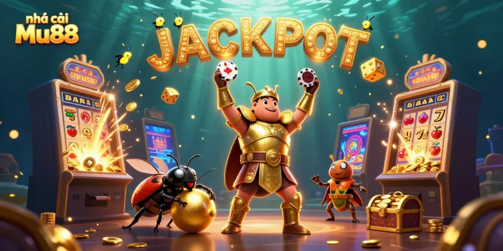 Experience the thrill of Nhà cái Mu88 with a colorful 3D cartoon illustration showcasing gaming excitement and jackpot wins.