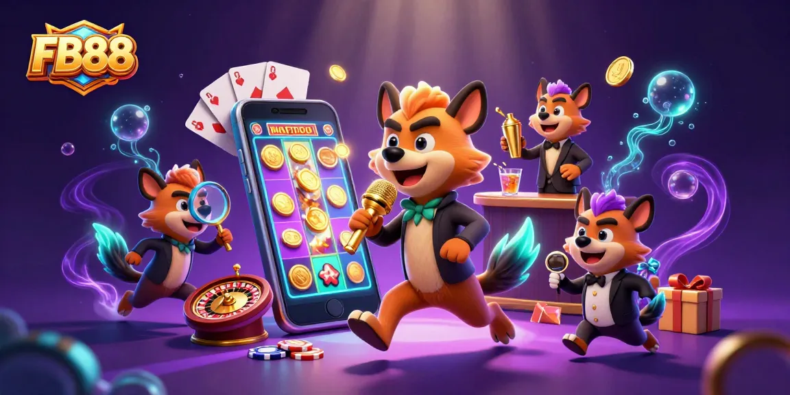 Experience the excitement at FB88, where cartoon hyenas host a vibrant casino scene with games and laughter.
