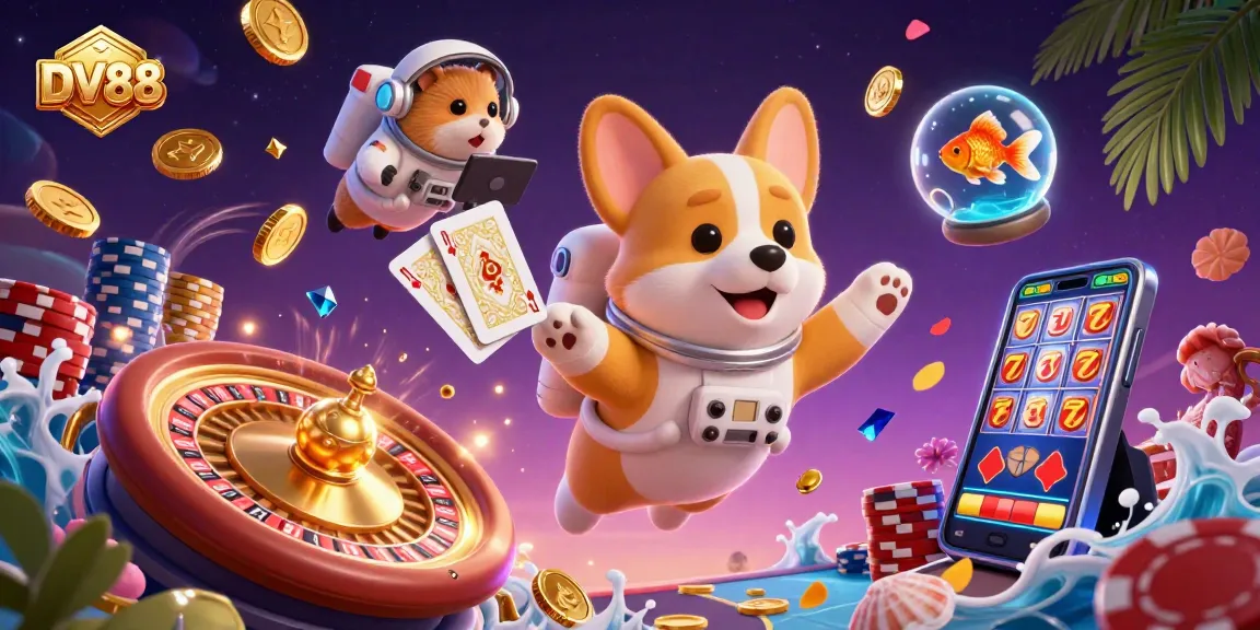 Experience thrilling gaming at DV88 casino with vibrant 3D illustration of corgi astronaut amidst floating coins.