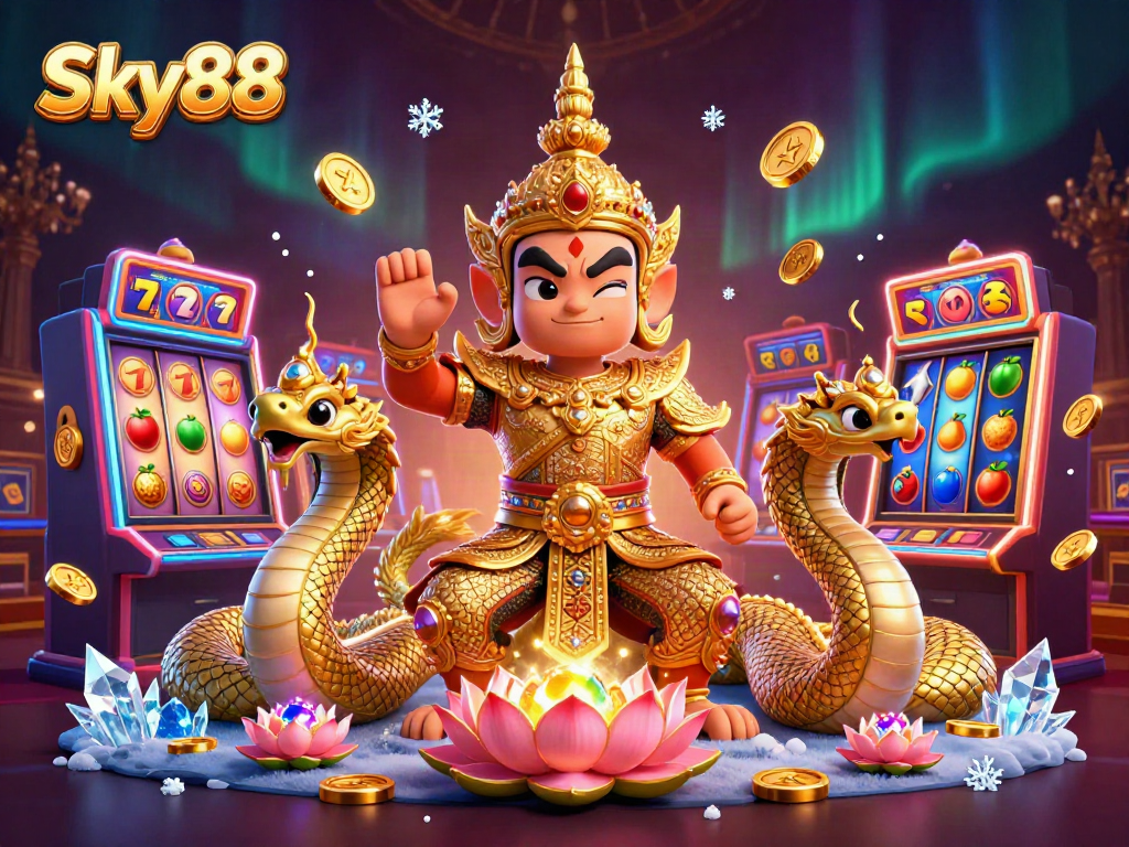 Engage with Sky88's vibrant slot machines and lively atmosphere in this colorful casino scene.