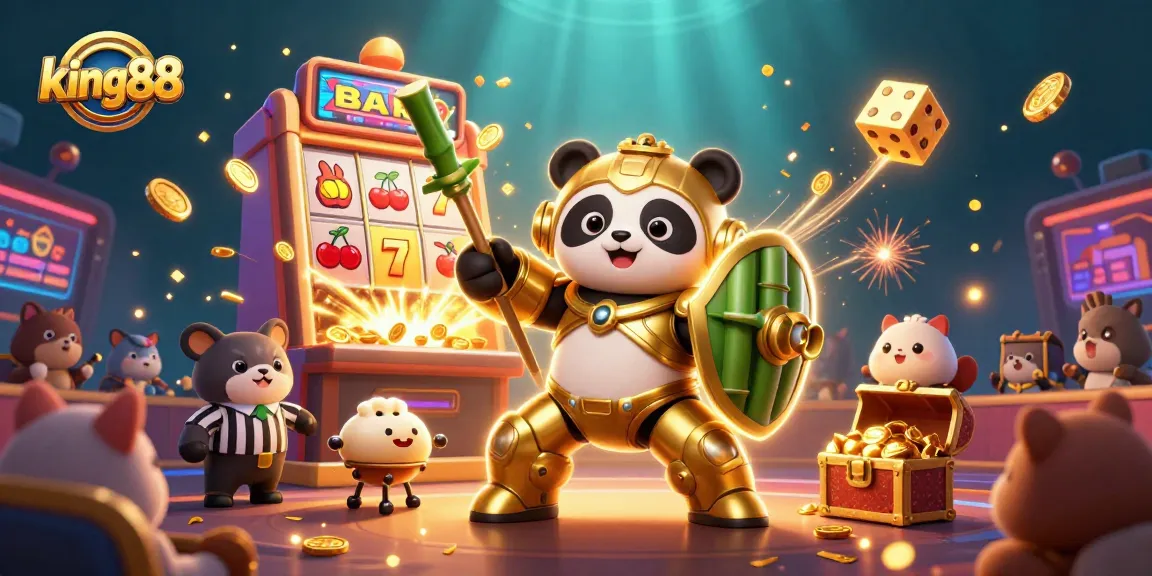 Experience the thrill of king88 in this vibrant casino scene filled with dazzling slot machines and spirited characters.