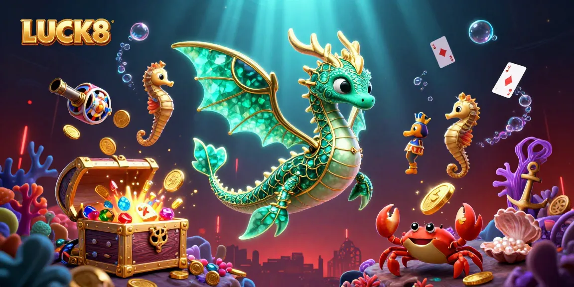 Experience thrilling wins with LUCK8's stunning underwater casino adventure illustration featuring vibrant treasures.
