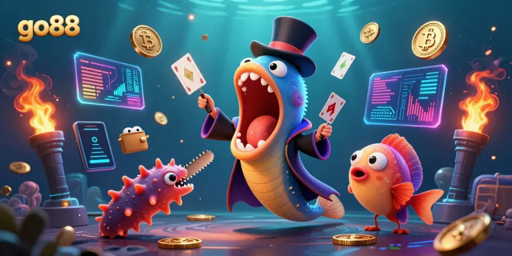 Witness the exciting go88 themed illustration with unique deep-sea creatures engaging in magic card tricks.