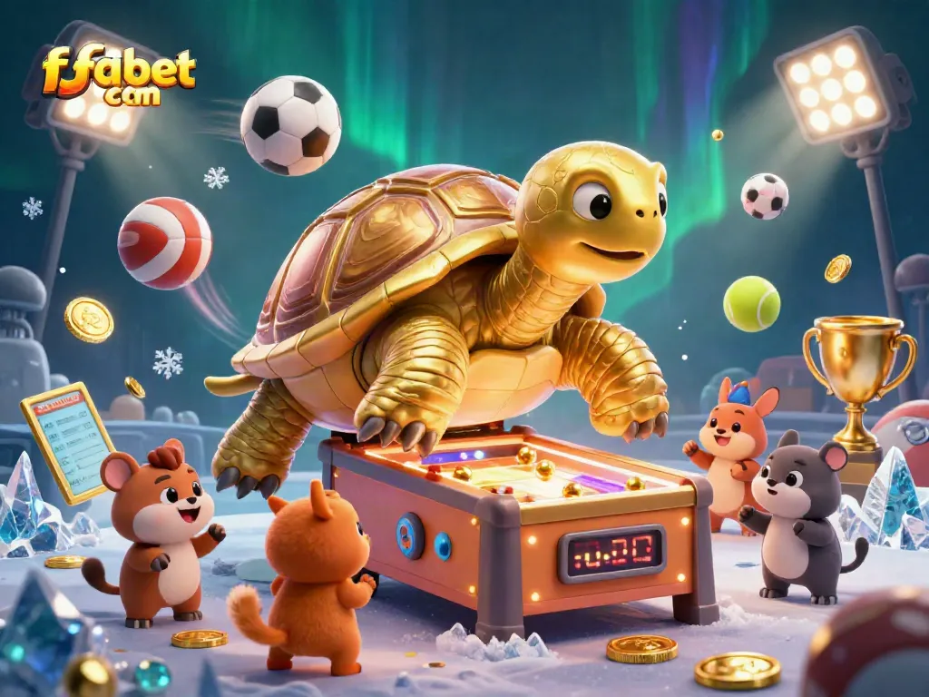 Engaging 3D depiction featuring fabet com with a golden tortoise pinball machine amidst dynamic sports betting elements.