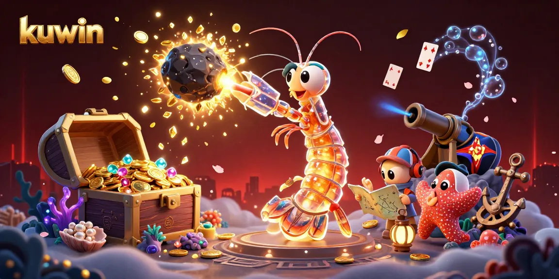 kuwin showcases a vibrant galactic samurai mantis shrimp amidst treasure in a casino-themed underwater scene.