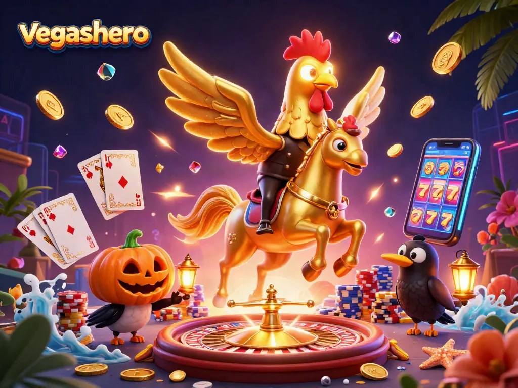 Experience the excitement of vegashero with golden rooster and friends in a midnight casino.