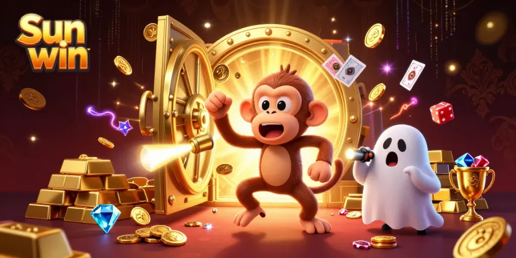 Experience thrilling gameplay with Sun win in this immersive casino scene filled with golden treasures and playful characters.