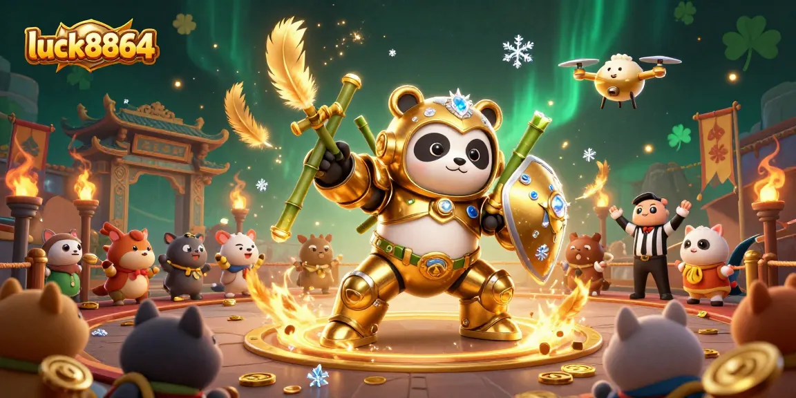 Engage in the thrilling experience of luck8864 with a vibrant 3D illustration of a mech-suit panda in an action-packed casino arena.