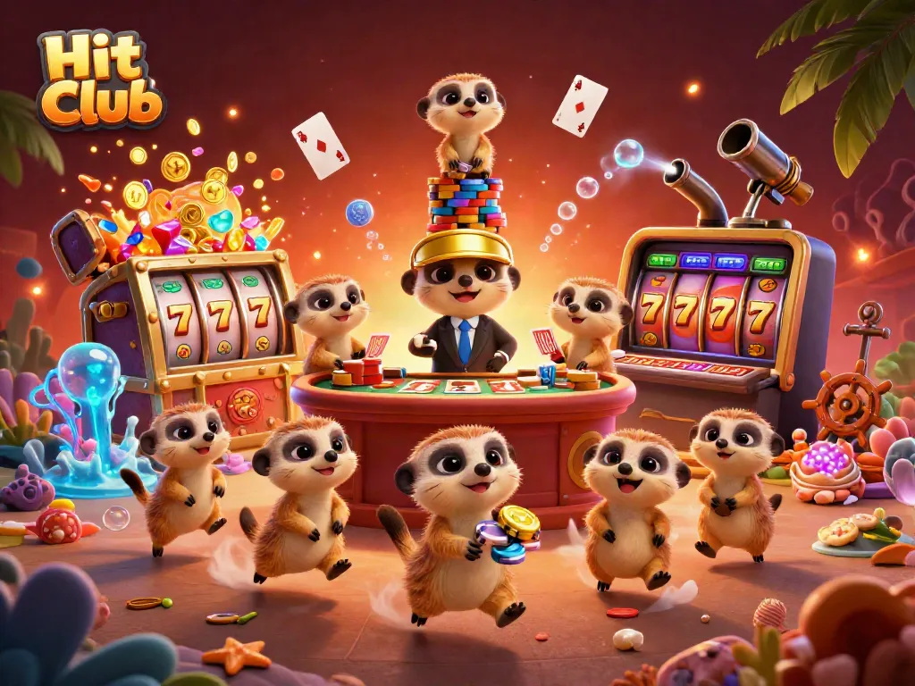 Hit Club meerkats run a casino with vibrant gaming elements and an exciting atmosphere.