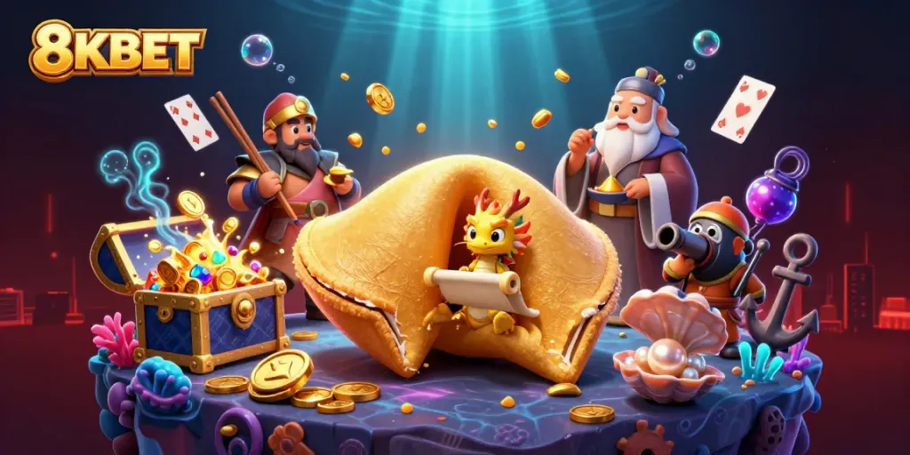 Experience winning fortune at 8KBET with a vibrant 3D illustration of a golden fortune cookie and treasure elements.
