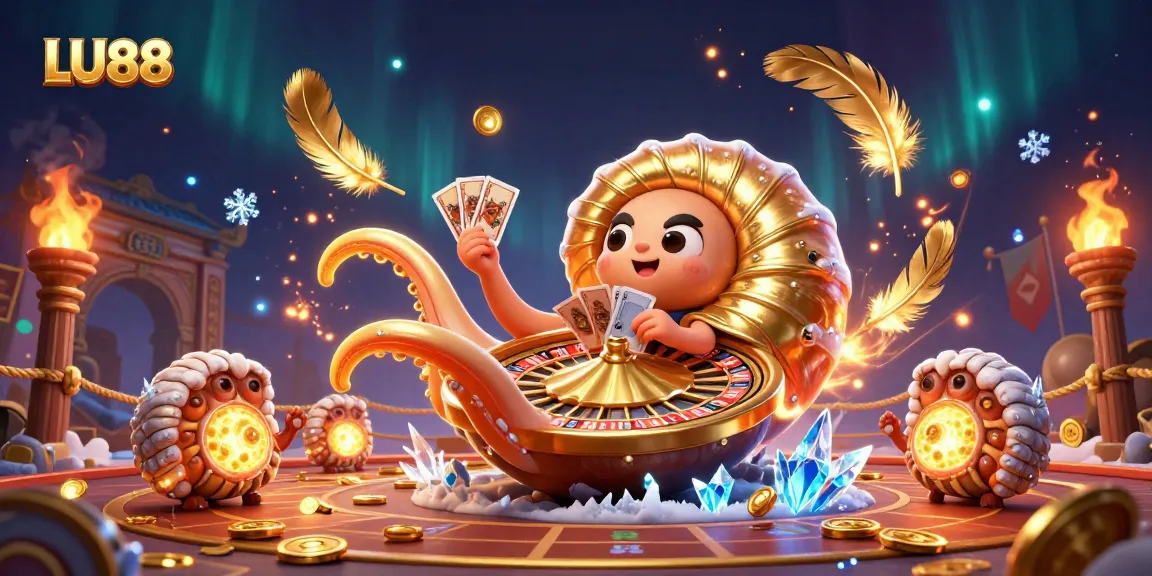 LU88 showcases exciting casino action with a giant nautilus roulette wheel and glowing ammonite companions.