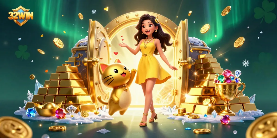 Play games at 32WIN, interact with lucky cat, and unlock treasures surrounded by gold.
