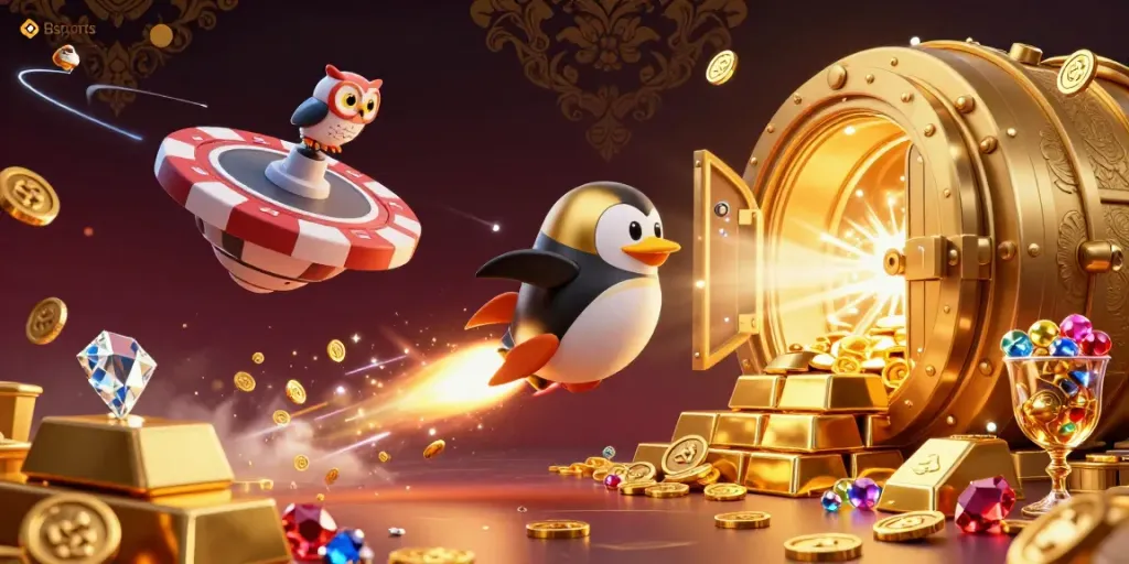 Engage with Bsports in a dynamic 3D casino adventure featuring a golden penguin and dazzling treasures.