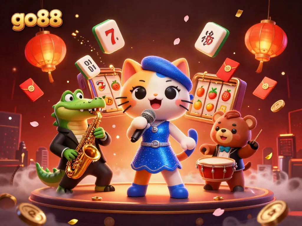 Experience go88's captivating casino scene with dynamic characters and slot elements.