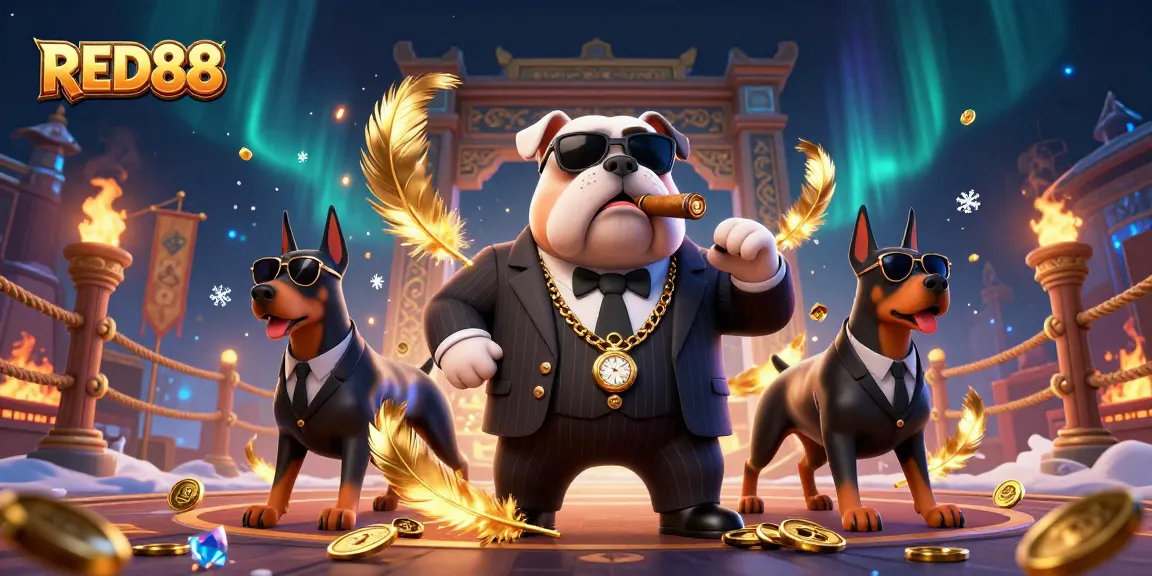 Bet big with RED88's dynamic casino experience, featuring a mafia boss bulldog among vibrant gaming elements.