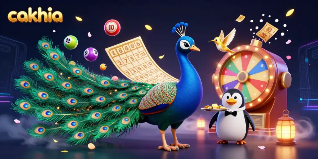 Cakhia brings vibrant action with a peacock and penguin in a lively gambling scene