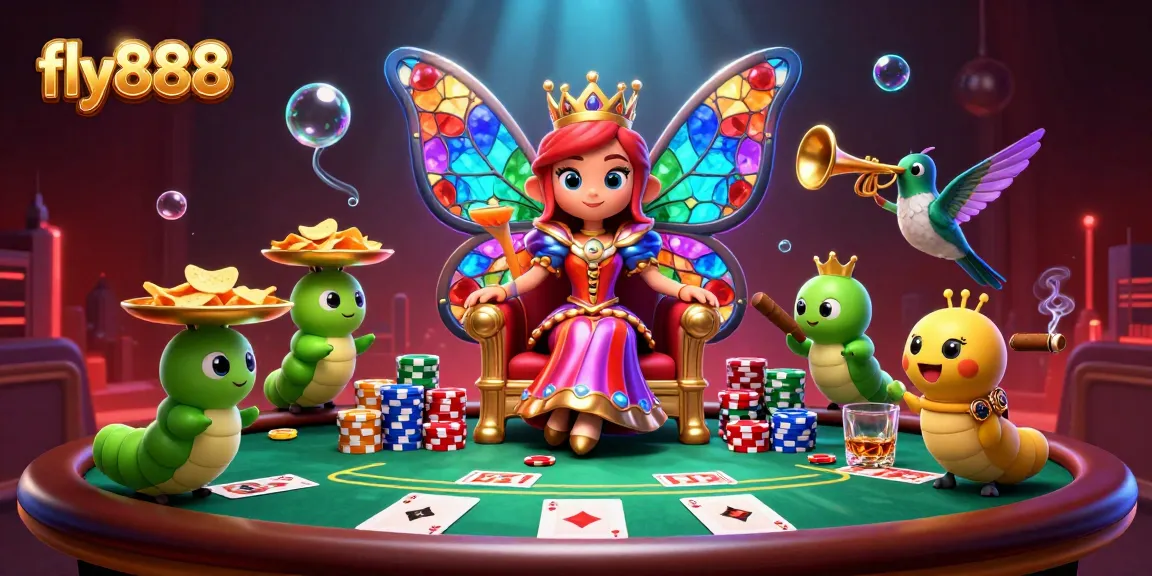 Engage in thrilling poker games at fly888 with a colorful butterfly queen in a vibrant casino scene.
