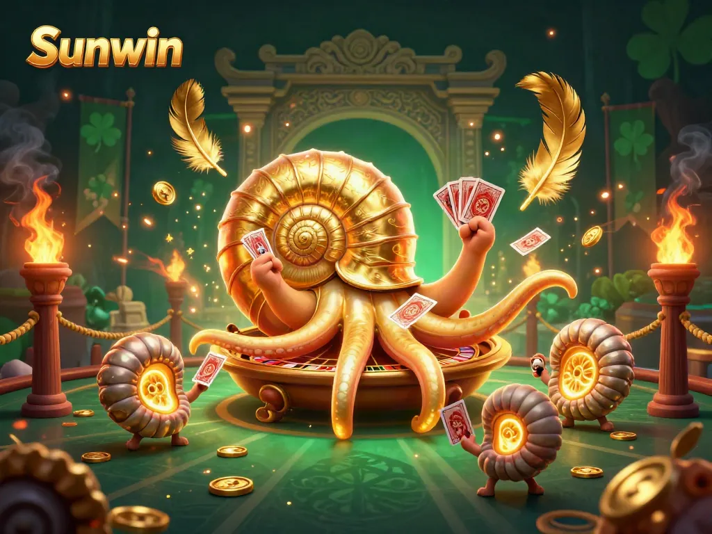 Engage in thrilling gameplay at Sunwin with an ancient giant nautilus casino scene featuring glowing ammonites and dynamic elements.
