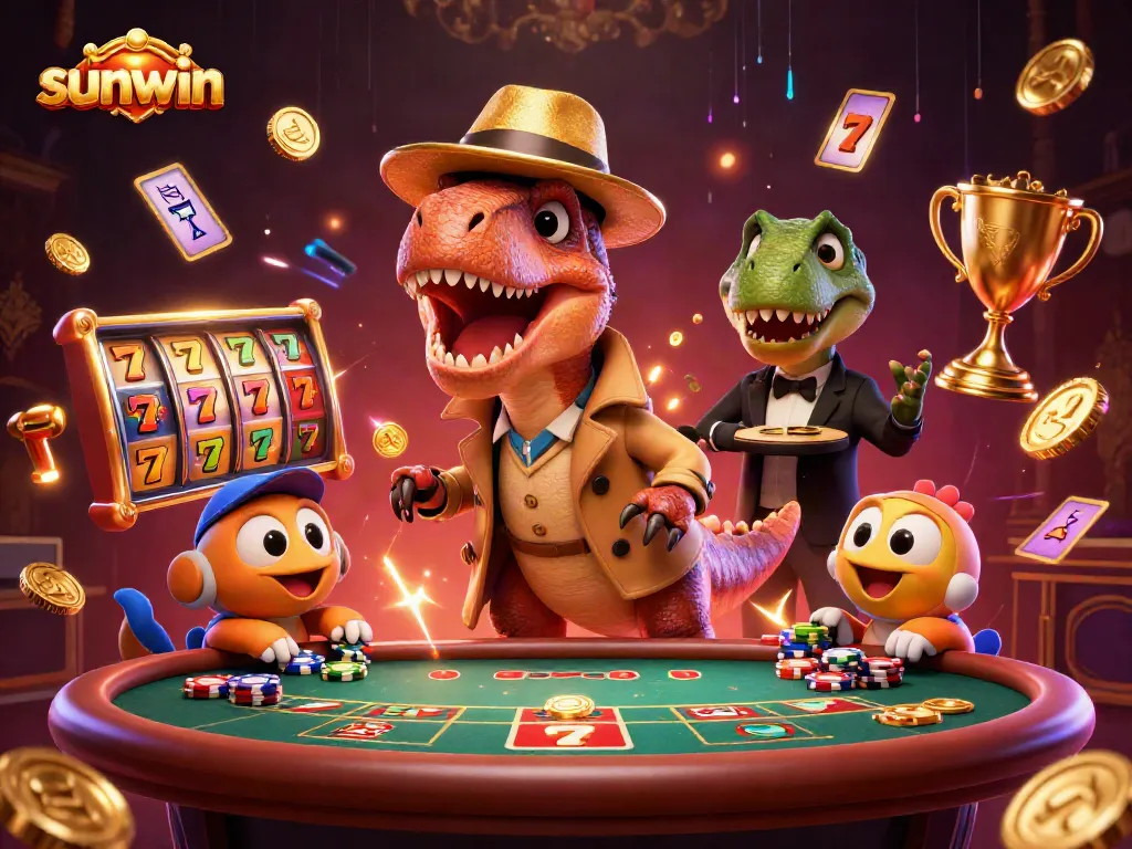 Place bets and win big at sunwin with exciting gameplay among cartoon dinosaurs in a casino.