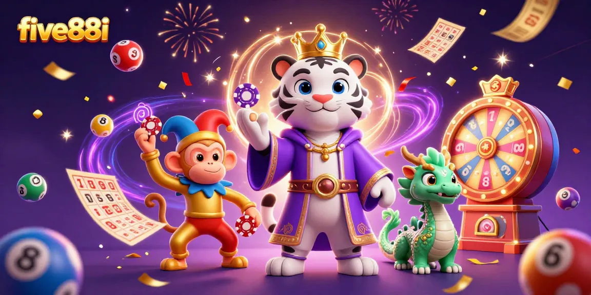 Engage with five88i's vibrant gaming world featuring a regal tiger, jester monkey, and lively lottery elements.