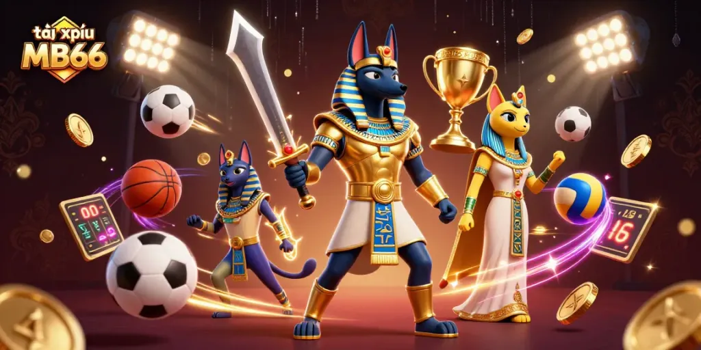 Engage in thrilling tài xỉu MB66 games with Anubis and Bastet in a dynamic casino setting.