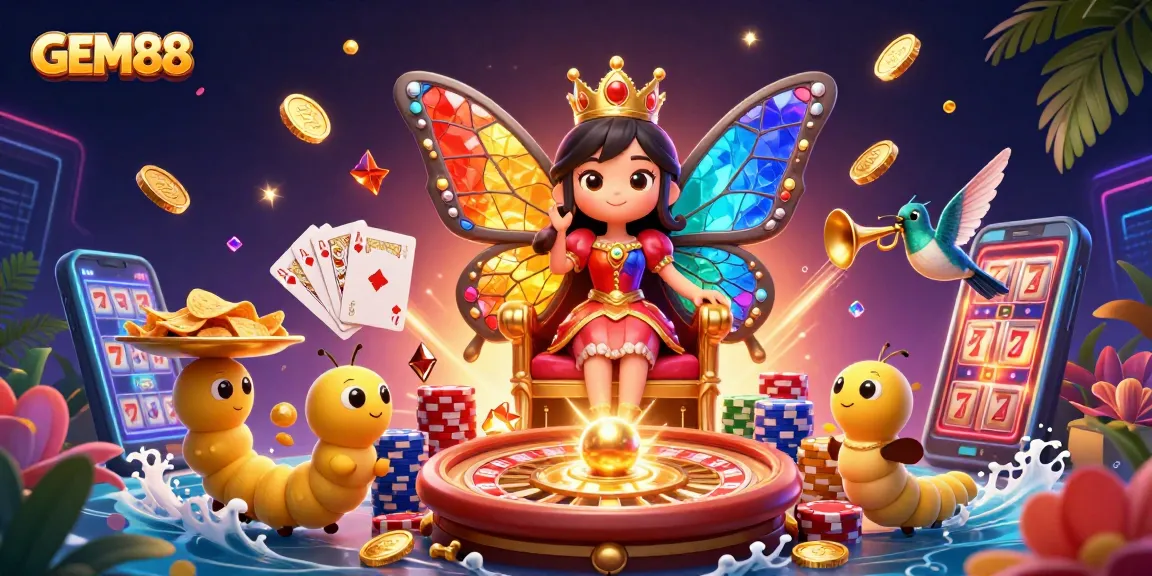 Engage with GEM88's vibrant casino scene, featuring a butterfly queen amid stunning gaming elements.