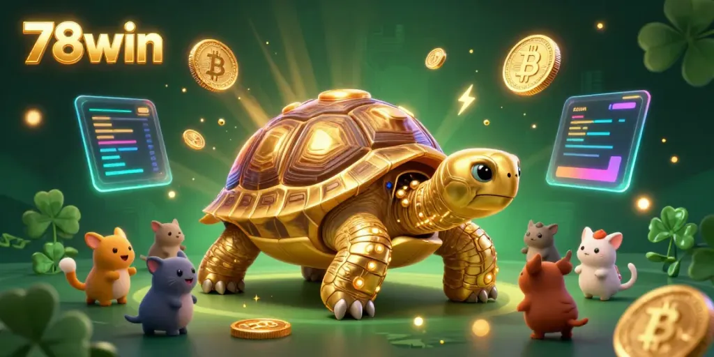 Join the thrilling fun at 78win with a vivid 3D illustration of a golden tortoise pinball machine surrounded by eager players and crypto elements.