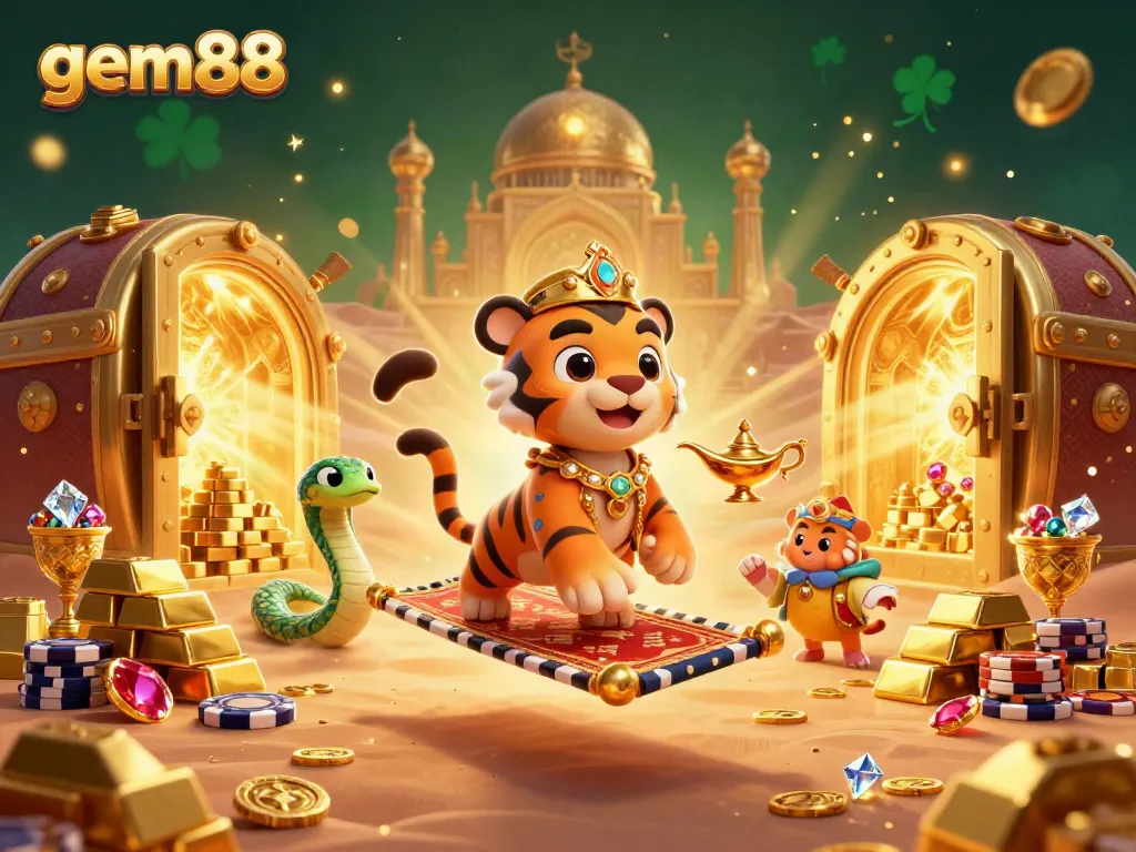 Experience the excitement of gem88 with a vibrant Arabian-themed casino scene showcasing dynamic game elements and characters.