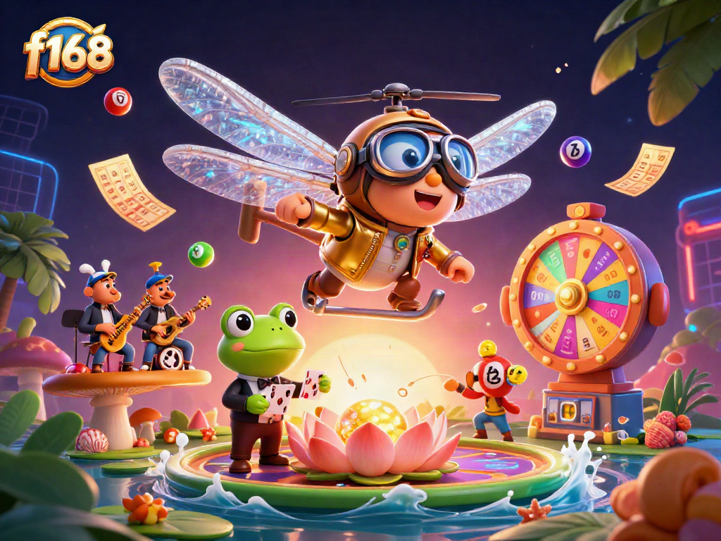 Bet on f168 at a vibrant lily pad casino with dynamic lottery elements all around.