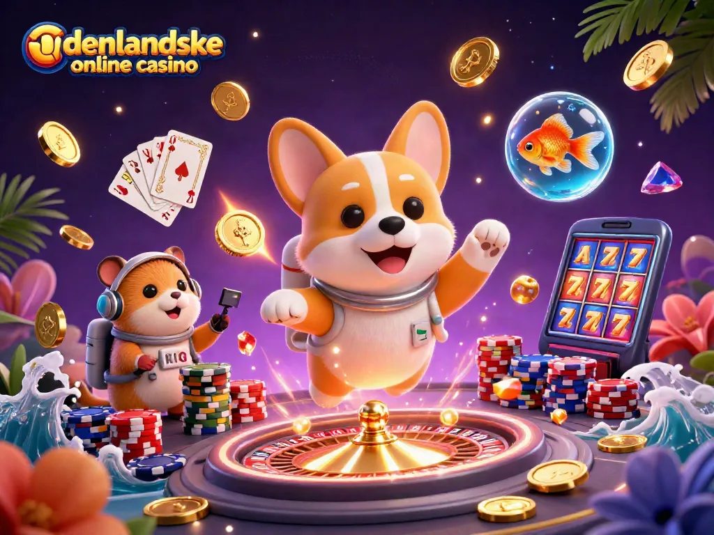 Engage with udenlandske online casino action in a vibrant 3D illustration with floating characters and casino elements.