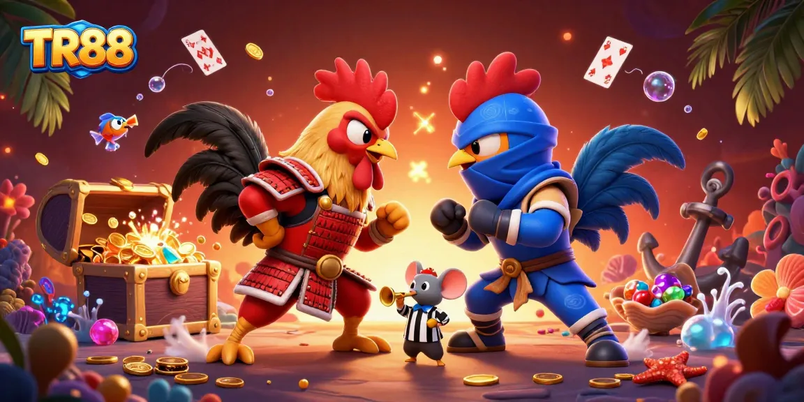 Experience thrilling roosters in TR88 battling amid treasures, vibrant colors, and dynamic casino elements.