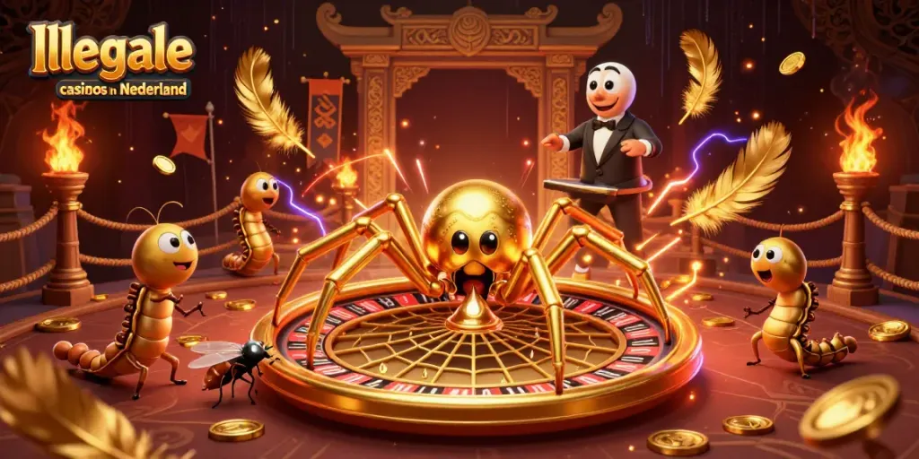Verken illegale casino's in Nederland met een interactieve 3D-gamingillustratie van een roulettewiel gedreven door een gouden spin.