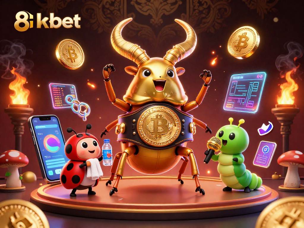 Engage with 8kbet's dynamic scene featuring vibrant characters and crypto elements in an energetic casino battle.