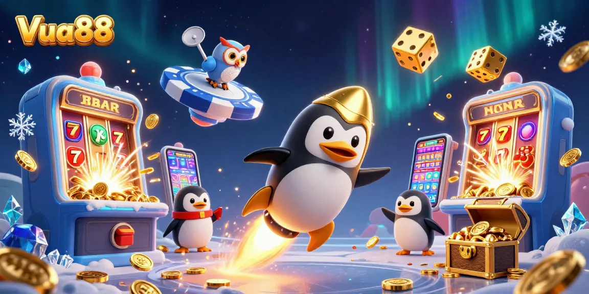 Experience thrilling gameplay at Vua88 with a vibrant 3D illustration of a golden penguin and casino elements.