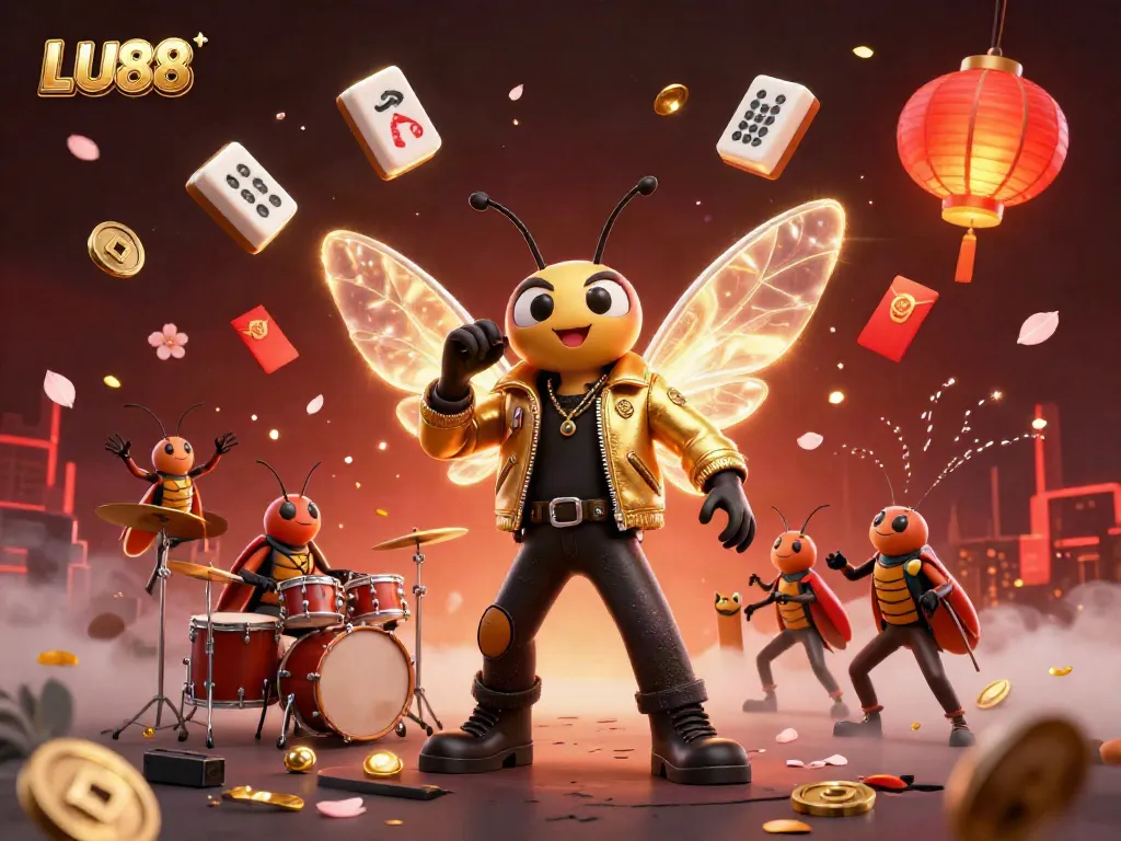 LU88 showcases a vibrant gambling scene with a rock star, drummer, and crickets amidst a festive atmosphere.
