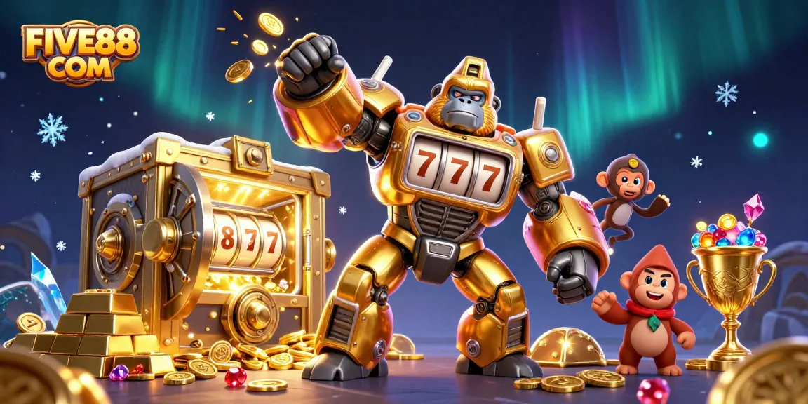 Experience the thrilling action of FIVE88 COM with a golden gorilla mech and treasures in this vibrant casino illustration.