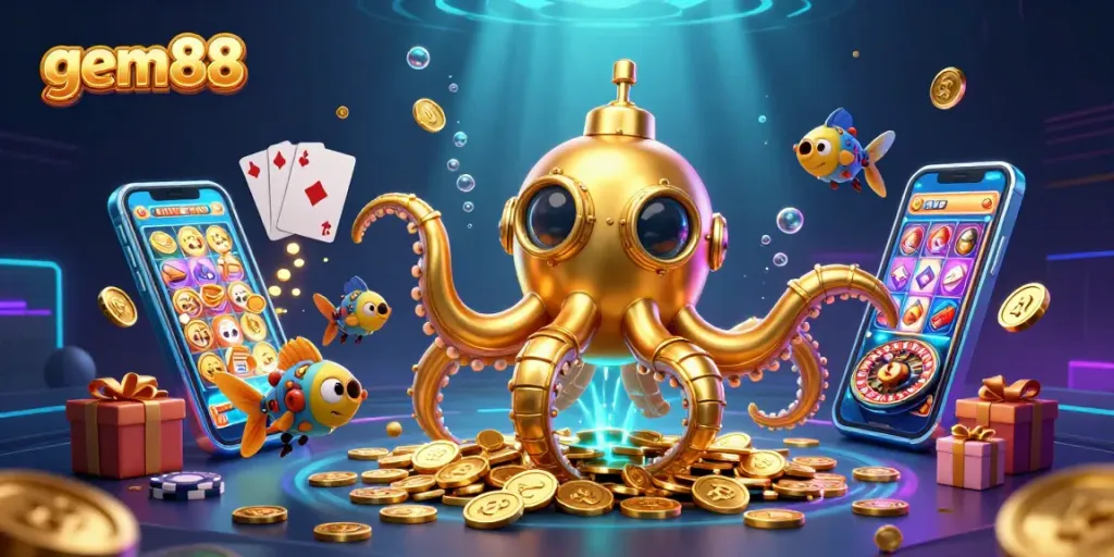Experience the thrill of gem88 with a vibrant underwater casino, featuring a golden kraken and colorful slot games.