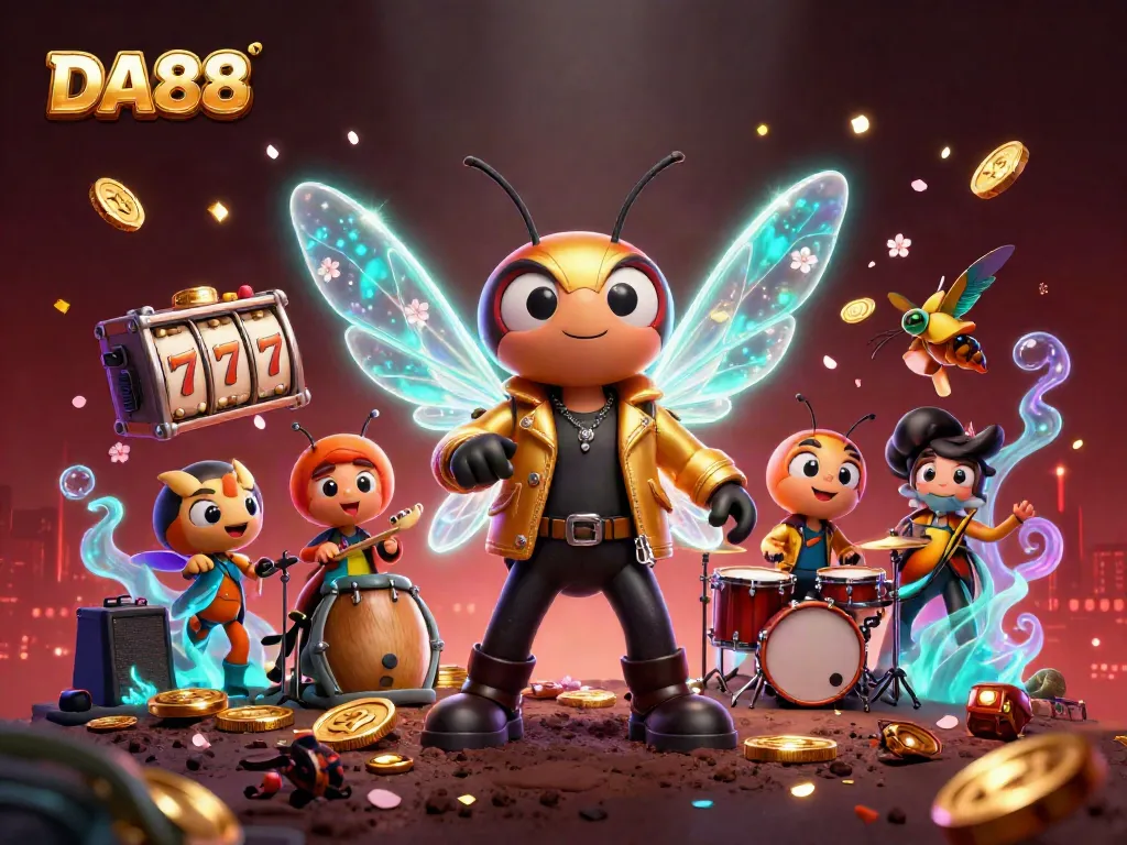 DA88 rock star and band performing alongside slot reels and golden coins in a vibrant casino scene