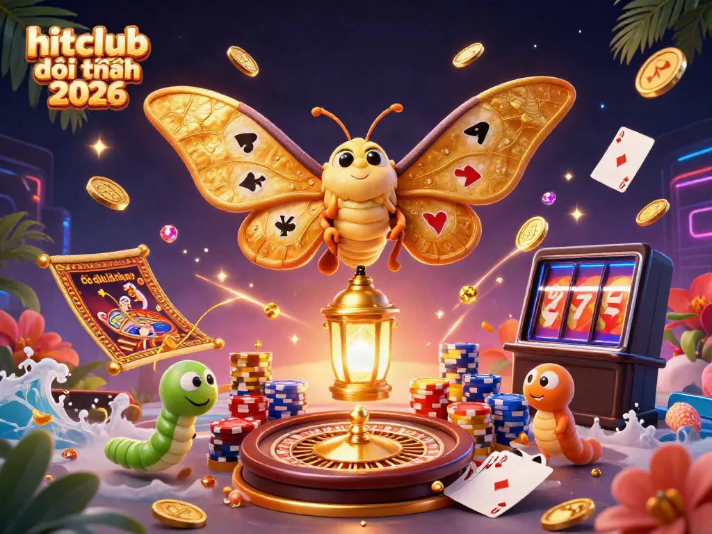Engage with hitclub đổi thưởng 2026 through a vibrant 3D casino scene featuring iconic elements like golden wings and cards.
