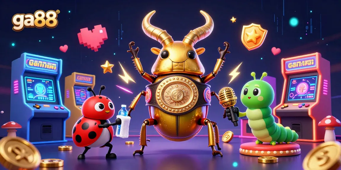 Engage in thrilling casino action with ga88, featuring a vibrant 3D illustration of a boxing beetle and gaming elements.