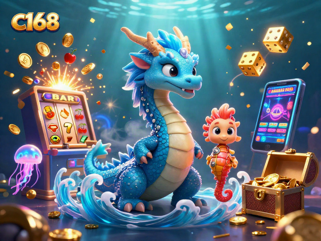 Engage with c168's thrilling underwater casino world through a vibrant 3D illustration featuring a dragon and slot machine.